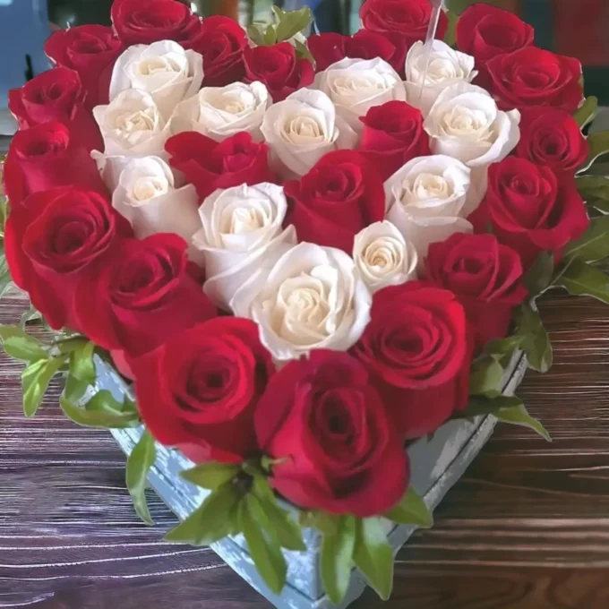 Arreglo floral en forma de corazón con rosas rojas y blancas para San Valentín.