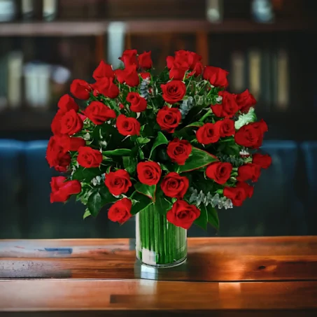 Arreglo floral con rosas rojas en jarrón de cristal para San Valentín.